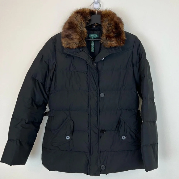 Lauren Ralph Lauren Faux Fur Collar Down Puffer Jacket Black Small Winter Cozy - Picture 1 of 5